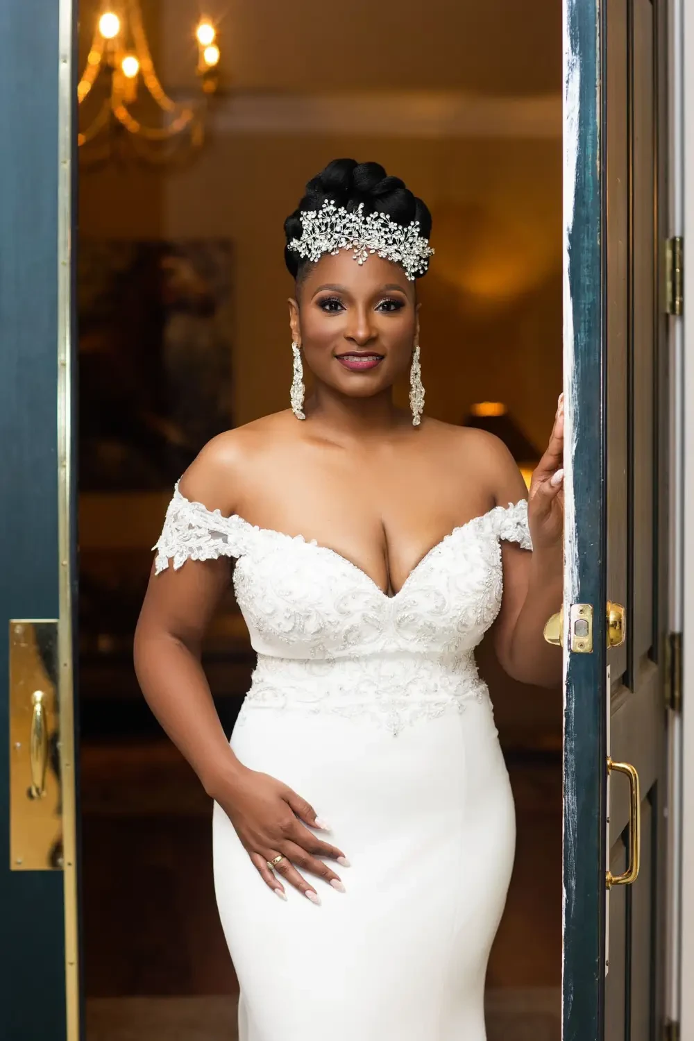 Model wearing a white gown