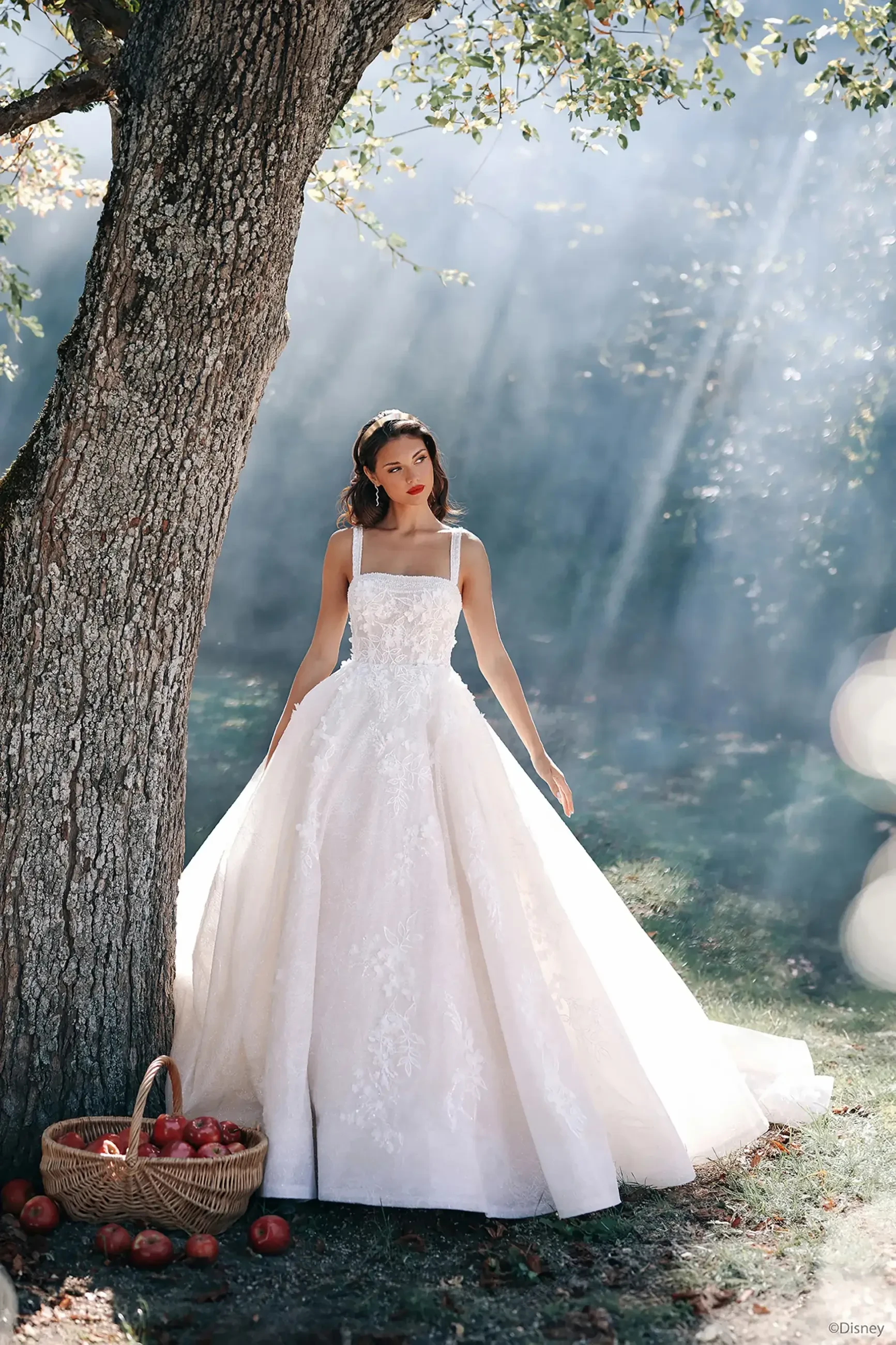 Model is wearing a sleeveless ball gown wedding dress with a square neckline and floral lace embroidery and appliques